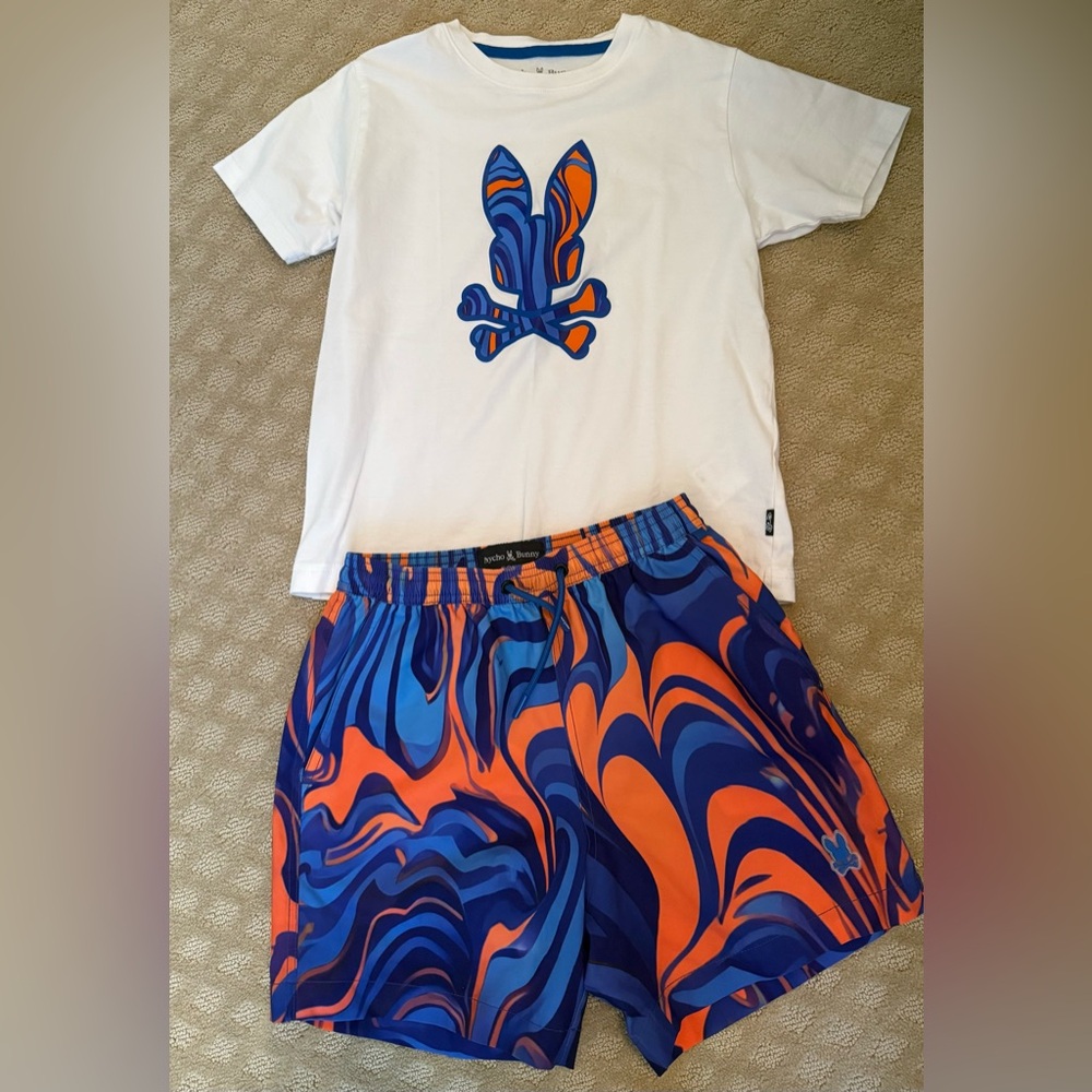 EUC Authentic Boys Psycho Bunny Set Size M (10-12) T-shirt + Swim Trunks
